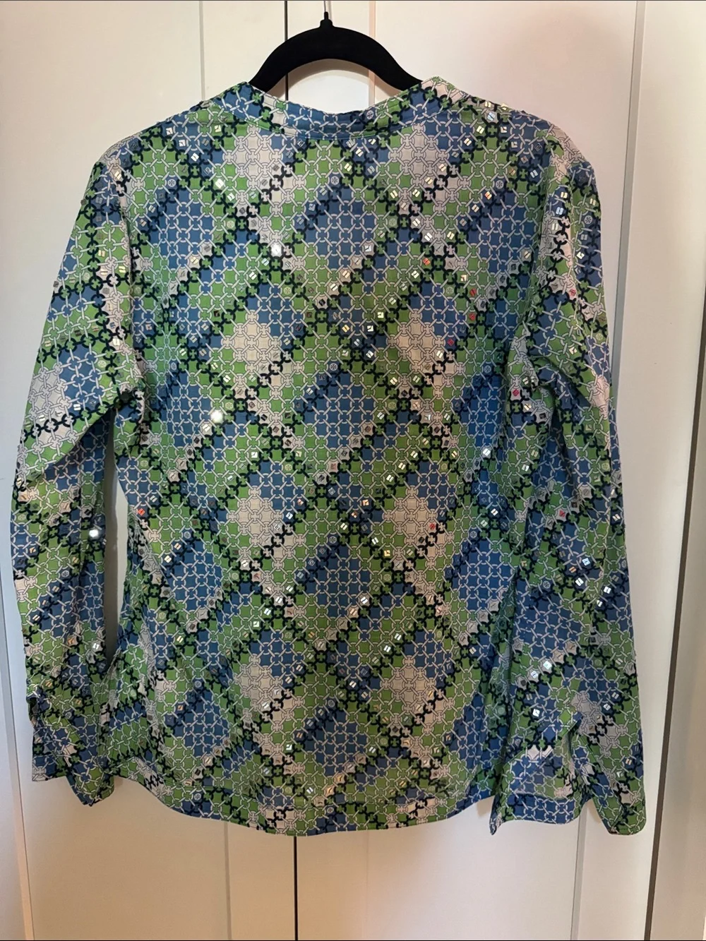 Tory Burch Green & Blue Geometric Floral Silk Shirt